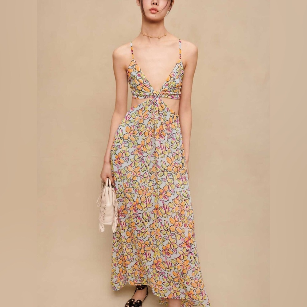 Maje Floral Multicolor Maxi Dress with Cut out Details